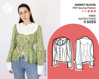 Harriet romantische Bluse Schnittmuster für Frauen | Viktorianisch inspiriertes Shirt Muster | Geknöpft Top Muster | 9 GRÖßEN | PDF Schnittmuster