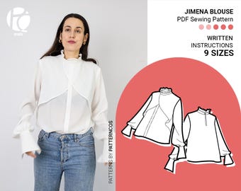 Elegant blouse sewing pattern | Basic buttoned shirt pattern | Flared chemise pattern | Lantern sleeve top | 9 SIZES | PDF Sewing pattern