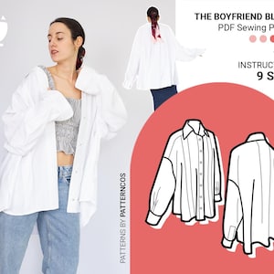Patrón de costura de camisa holgada Boyfriend / Patrón de blusa unisex abotonada / Patrón de camisa holgada / 9 TALLAS / Patrón de costura en PDF