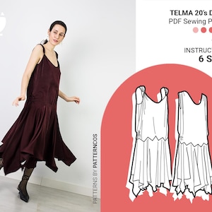 1920s Telma dress sewing pattern | Art Deco Tweenties flapper dress pattern | Flared skirt pattern for dance | 6 SIZES | PDF Sewing pattern