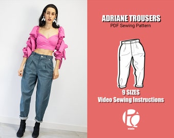 Slouchy trousers sewing pattern | High waist jeans pattern | Cool pants pattern for women | 9 SIZES | PDF Sewing pattern