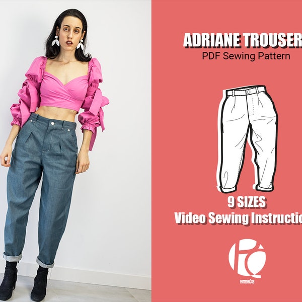 Slouchy trousers sewing pattern | High waist jeans pattern | Cool pants pattern for women | 9 SIZES | PDF Sewing pattern