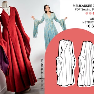 May include: A red Melisandre dress with long sleeves and a V-neck, displayed on a mannequin. The image also shows a woman wearing a blue dress with long, flowing sleeves. Text reads "MELISANDRE DRESS PDF Sewing Pattern" with "WRITTEN INSTRUCTIONS 10 SIZES."