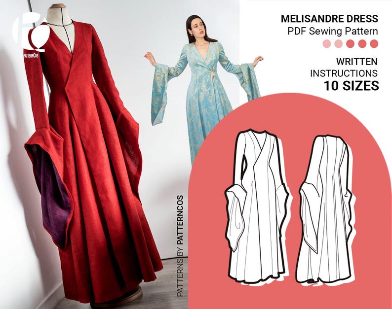 May include: A red Melisandre dress with long sleeves and a V-neck, displayed on a mannequin. The image also shows a woman wearing a blue dress with long, flowing sleeves. Text reads "MELISANDRE DRESS PDF Sewing Pattern" with "WRITTEN INSTRUCTIONS 10 SIZES."
