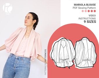 Loose-fit buttoned blouse sewing pattern | Japanese sleeve top pattern | Puffy blouse pattern | 9 SIZES | PDF Sewing pattern