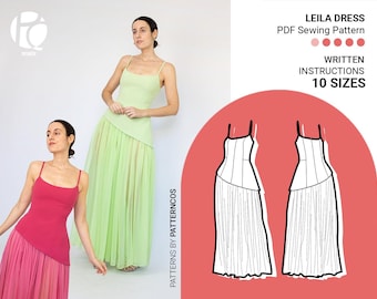 Patron de robe à découpes princesse et jupe asymétrique | Patron de robe près du corps pour invitée de mariage | 10 tailles | Patron de couture PDF