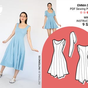 May include: A light blue dress with a square neckline and a flared skirt is shown in a photograph. The image also includes a smaller photo of the dress and a sewing pattern with the text "EMMA DRESS PDF Sewing Pattern" and "WRITTEN INSTRUCTIONS 9 SIZES."