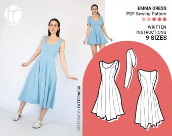 Panelled round neck princess-style midi dress PDF sewing pattern | 9 SIZES