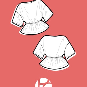 May include: Line drawing of a white blouse with a ruffled hem and short sleeves. The blouse is shown in two views, front and back. The drawing is on a pink background with the text "PATTERNCO'S" at the bottom.