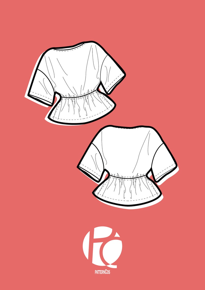 May include: Line drawing of a white blouse with a ruffled hem and short sleeves. The blouse is shown in two views, front and back. The drawing is on a pink background with the text "PATTERNCO'S" at the bottom.