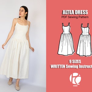 Basic midi dress pattern | Low-waist dress pattern | Mediterranean wedding midi dress sewing pattern  | 9 SIZES | PDF Sewing pattern