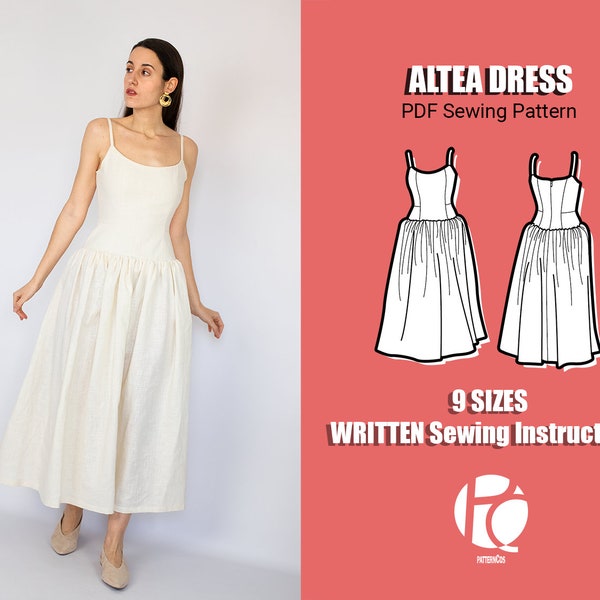 Basic midi dress pattern | Low-waist dress pattern | Mediterranean wedding midi dress sewing pattern  | 9 SIZES | PDF Sewing pattern