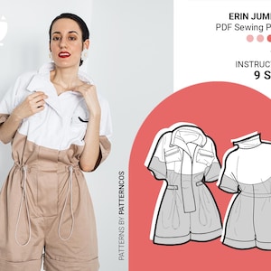 Erin sport overall sewing pattern | Trendy jumpsuit pattern | Elastic waist shorts pattern | 9 SIZES | PDF Sewing pattern