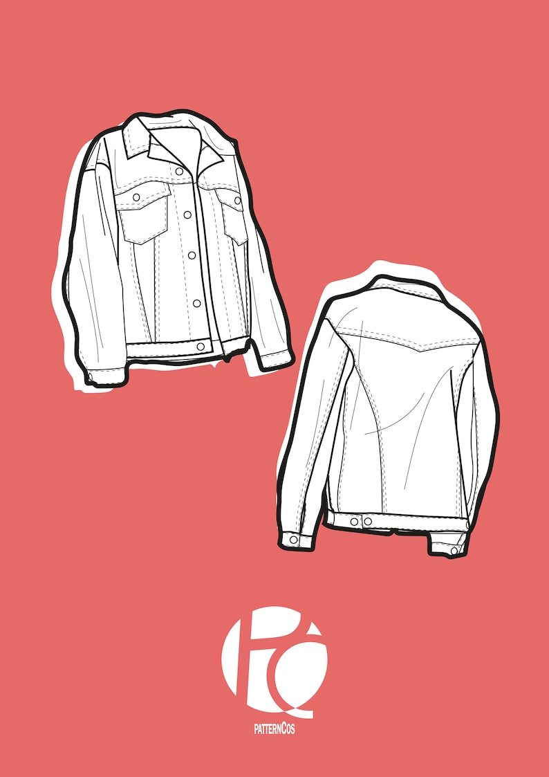 Pu&ograve; includere: Disegno a linea di una giacca di jeans, mostrata dal davanti e dal dietro. La giacca ha un design classico con chiusura a bottoni, tasche e colletto.