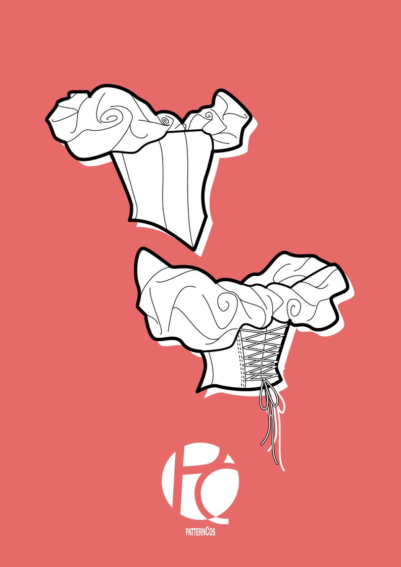 May include: Line drawing of two different styles of corsets with ruffled tops. The corsets are white and the background is a light red color. The image includes the text "PATTERNCO'S".