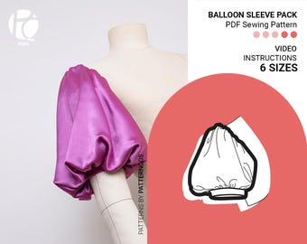 Balloon sleeve sewing pattern pack | Romantic puffed sleeve x 4 gathered sizes | Princess sleeve pattern | 6 SIZES | PDF Sewing pattern