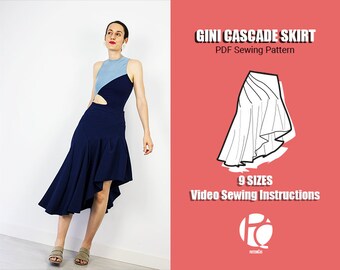 Gini cascade draped skirt sewing pattern | 9 SIZES | PDF Sewing pattern