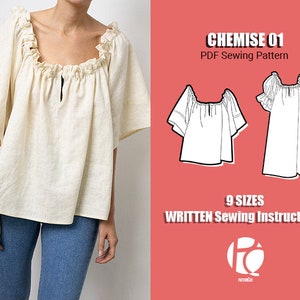 Basic chemise blouse sewing pattern | 2 Sleeve options | Nightdress pattern | Easy dress pattern for women | 9 SIZES | PDF Sewing pattern