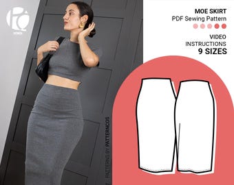 Elastischer Bleistiftrock Schnittmuster | Midi-High-Waist-Rock-Muster | Easy Rock Schnittmuster für Frauen | 9 GRÖßEN | PDF Schnittmuster