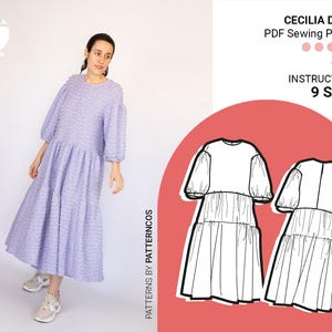 Oversized tiered maxi dress sewing pattern | Flared midi dress pattern | Cozy mediterranean dress pattern | 9 SIZES | PDF Sewing pattern