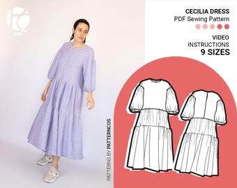 Übergroßes gestuftes Maxikleid Schnittmuster | Ausgestelltes Midikleid Schnittmuster | Gemütlicher mediterraner Kleiderschnitt | 9 GRÖßEN | PDF Schnittmuster