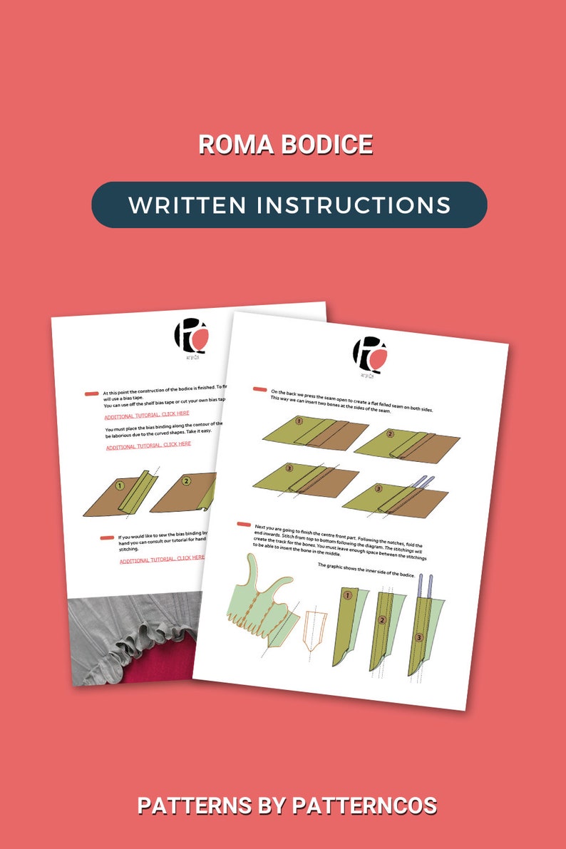 May include: Two white instruction sheets with diagrams and text for a Roma bodice pattern, with the title "ROMA BODICE WRITTEN INSTRUCTIONS". The background is a solid red color. The bottom of the image has the text "PATTERNS BY PATTERNCOS".