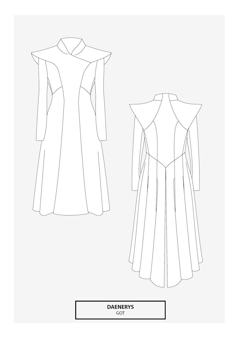 May include: Line drawing of a long, flowing dress with a high collar and a fitted bodice. The dress has a V-shaped neckline and a long, flowing skirt. The dress is shown in both front and back views. The text "DAENERYS GOT" is at the bottom of the image.