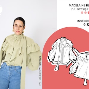 Loose-fit blouse sewing pattern with puffy sleeves | Romantic blouse pattern | Femenine chemise pattern | 9 SIZES | PDF Sewing pattern
