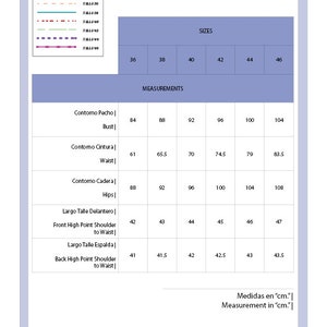 May include: A chart showing pattern sizes and measurements in centimeters. The chart includes bust, waist, hips, front high point shoulder to waist, and back high point shoulder to waist measurements.