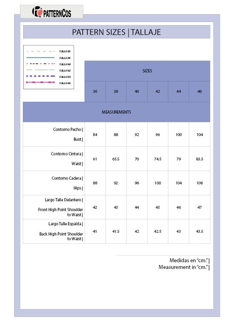 May include: A chart showing pattern sizes and measurements in centimeters. The chart includes bust, waist, hips, front high point shoulder to waist, and back high point shoulder to waist measurements.