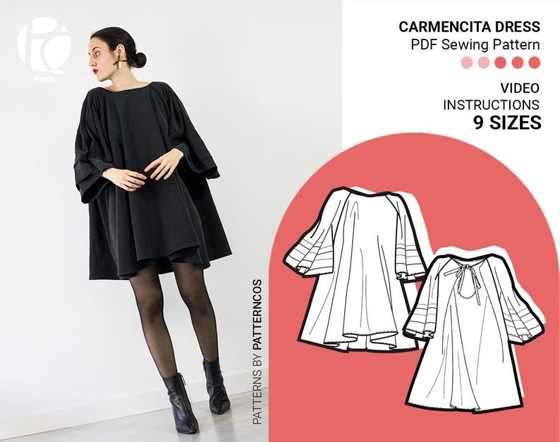 Maxi loose-fit dress sewing pattern | Wide midi dress pattern for women | Christmas party dress pattern | 9 SIZES | PDF Sewing pattern image 1