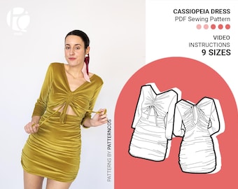 Sexy Minikleid Schnittmuster | Schnittmuster für ein drapiertes Kleid | Party Club Kleid Schnittmuster | Midi-Minirock | 9 GRÖßEN | PDF Schnittmuster