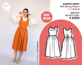 Midi dress sewing pattern rectangular neck | Easy gathered skirt pattern | Cottage milkmaid dress pattern | 9 SIZES | PDF Sewing pattern