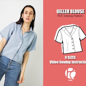 Cozy blouse sewing pattern | Lapel collar shirt pattern for women | Buttoned Geller Blouse | 9 SIZES | Digital PDF Sewing pattern