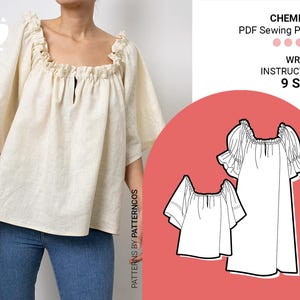 Basic chemise blouse sewing pattern | 2 Sleeve options | Nightdress pattern | Easy dress pattern for women | 9 SIZES | PDF Sewing pattern