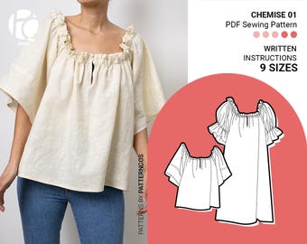 Molde básico para blusa tipo camisola | 2 opções de manga | Molde para camisola de dormir | Molde de vestido fácil para mulheres | 9 TAMANHOS | Molde de costura em PDF