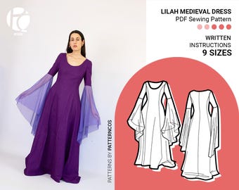 Medieval fantasy dress sewing pattern | Mystical fairy wedding dress pattern | Paneled dress pattern | 9 SIZES | PDF Sewing pattern