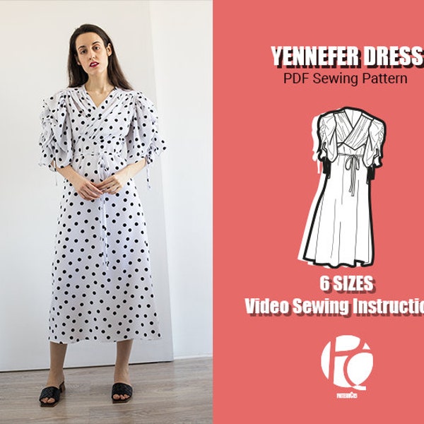 Patron de couture de robe de soirée midi | modèle de robe de style vintage | Motif à manches bouffantes | Robe de mariée cocktail | 6 TAILLES | Patron de couture PDF