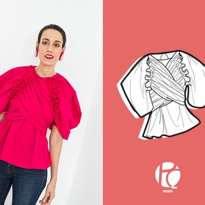 Drape wrapped blouse sewing pattern | Puffy ranglan sleeve | Elegant skin back window top pattern | Trendy | 6 SIZES | PDF Sewing pattern