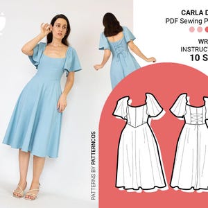 May include: A light blue Carla dress PDF sewing pattern featuring a square neckline, flutter sleeves, and a lace-up back detail. The image includes a technical line drawing of the front and back of the dress, with text stating 10 sizes available.