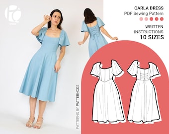 Patrón de vestido con costura princesa, falda tipo corpiño y mangas acampanadas / Patrón de vestido de verano para invitada de boda / 10 TALLAS / Patrón de costura en PDF