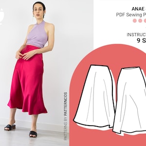 Easy midi bias skirt sewing pattern | Cozy silky skirt pattern | Slip skirt pattern for women | Flared skirt | 9 SIZES | PDF Sewing pattern