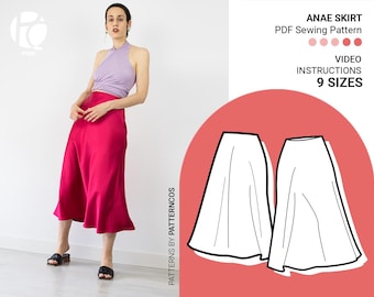 Easy midi bias skirt sewing pattern | Cozy silky skirt pattern | Slip skirt pattern for women | Flared skirt | 9 SIZES | PDF Sewing pattern