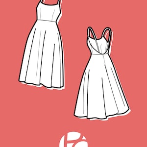 Pode incluir: Ilustra&ccedil;&atilde;o de linha de dois vestidos brancos sobre um fundo rosa. O vestido &agrave; esquerda tem al&ccedil;as finas e um corpete simples. O vestido &agrave; direita tem al&ccedil;as mais grossas que se cruzam nas costas. Ambos os vestidos s&atilde;o de comprimento at&eacute; o joelho e t&ecirc;m uma saia cheia. O logotipo "PATTERNCO" est&aacute; na parte inferior da imagem.
