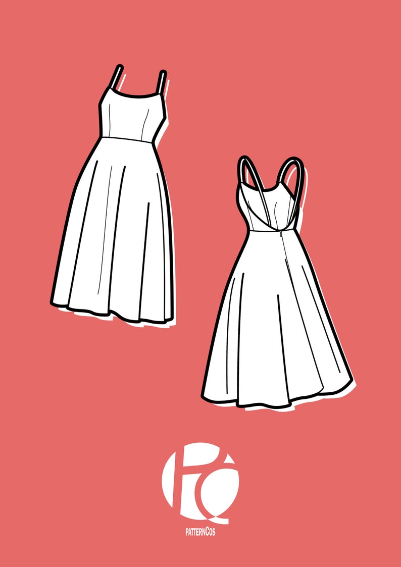 Pode incluir: Ilustra&ccedil;&atilde;o de linha de dois vestidos brancos sobre um fundo rosa. O vestido &agrave; esquerda tem al&ccedil;as finas e um corpete simples. O vestido &agrave; direita tem al&ccedil;as mais grossas que se cruzam nas costas. Ambos os vestidos s&atilde;o de comprimento at&eacute; o joelho e t&ecirc;m uma saia cheia. O logotipo "PATTERNCO" est&aacute; na parte inferior da imagem.