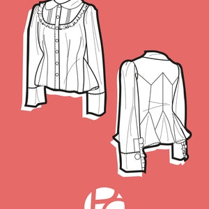 May include: Line drawing of a white blouse with a ruffled collar and long sleeves. The blouse has a fitted bodice and a flared hem. The back view of the blouse is also shown.