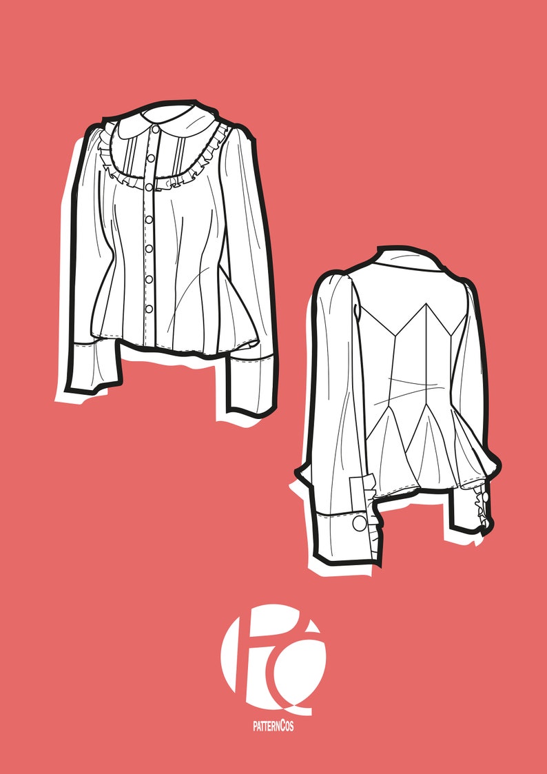 May include: Line drawing of a white blouse with a ruffled collar and long sleeves. The blouse has a fitted bodice and a flared hem. The back view of the blouse is also shown.