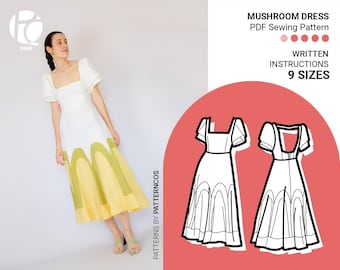 Colorful midi dress sewing pattern | Godet A-line dress pattern with open back | Tulip sleeve pattern | 9 SIZES | Digital PDF Sewing pattern