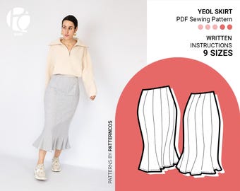 Molde de saia midi Nesga | Molde de saia godê evasê | Molde de saia gore fácil para mulheres | 9 TAMANHOS | Molde de costura em PDF