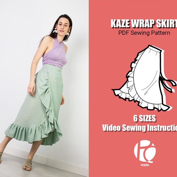 Kaze wrap skirt sewing pattern | Effortlessly midi skirt pattern for women | Summer flared skirt pattern | 6 SIZES | PDF Sewing pattern